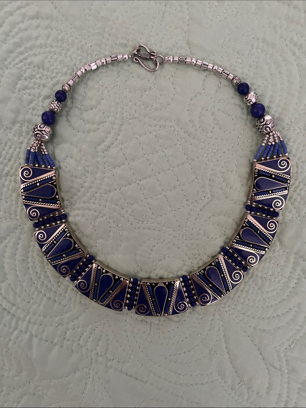 Blue Statement Collar Necklace - Elegant Silver-Tone Accents